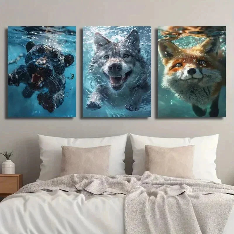 3pcs Swimming Underwater Black Panther Wolf Fox Wall Art Set Canvas Framed 40x60cm - High Quality Print 100% Australian Made Wall Canvas Ready to Hang