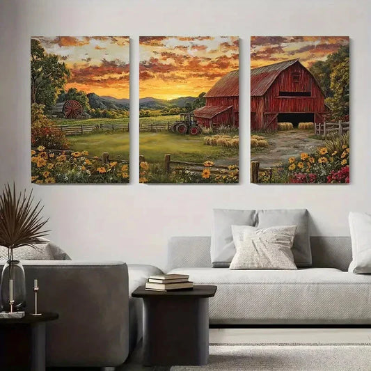 3pcs Red Barn Sunset Landscape Vibrant Farmhouse Metal Print Ready to Hang Art