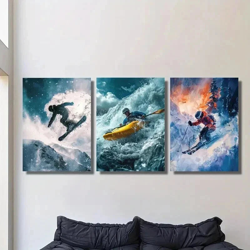 3pcs Skiing and Kayaking Surfing Wall Art Set Canvas Framed 40x60cm - High Quality Print 100% Australian Made Wall Canvas Ready to Hang