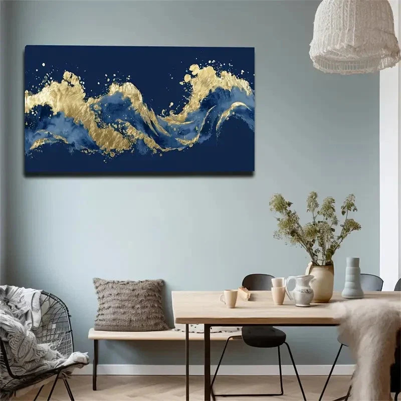 Navy Blue & Golden Textured Wall Art Canvas Office Home Room Framed 120x60cm