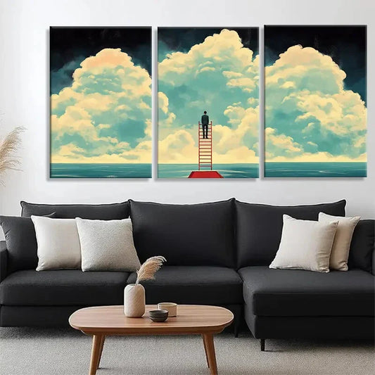 3pcs Surreal Cloudy Landscape with Man Perfect Wall Art Set Canvas Framed 40x60cm - High Quality Print 100% Australian Made Wall Canvas Ready to Hang