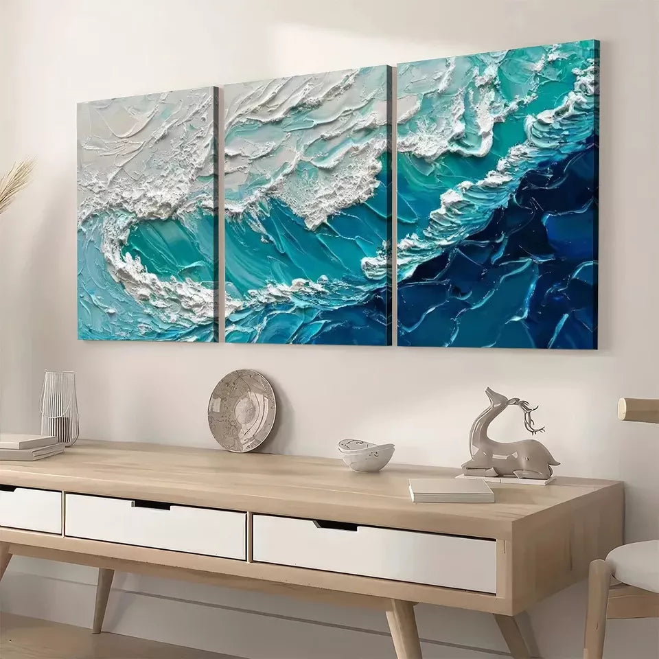 3pcs Modern Elegant Stylish Abstract Ocean Wave Wall Art Set Canvas Framed 40x60cm - High Quality Print 100% Australian Made Wall Canvas Ready to Hang