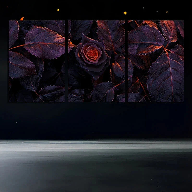3pcs Purple Rose Floral Gray Leaves Metal Print Ready to Hang Art