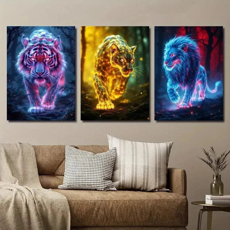 3pcs Glowing Wild Animal Tiger Cheetah and Lion Wall Art Set Canvas Framed 40x60cm - High Quality Print 100% Australian Made Wall Canvas Ready to Hang