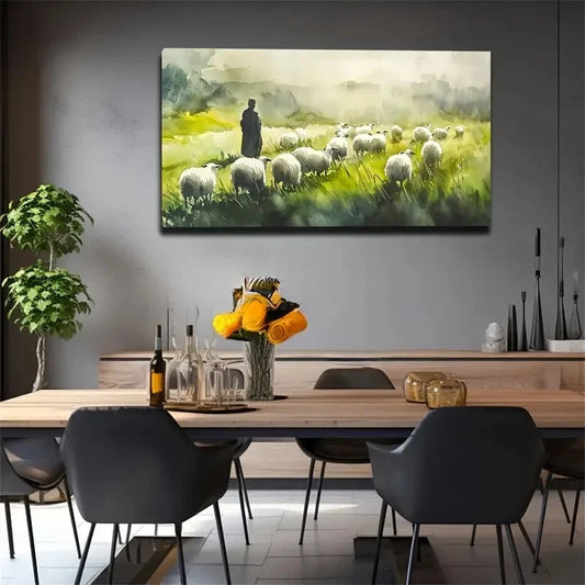 Shepherd Tending Sheep Pastoral Wall Art Canvas Office Home Room Framed 120x60cm