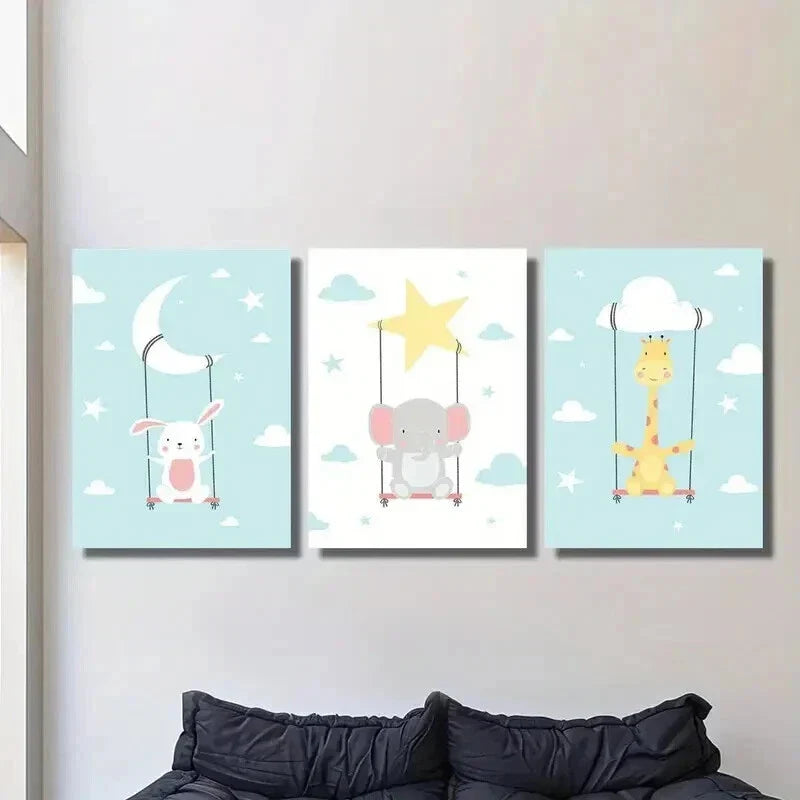 3pcs Rabbits Elephants Giraffes and Clouds Wall Art Set Canvas Framed 40x60cm - High Quality Print 100% Australian Made Wall Canvas Ready to Hang