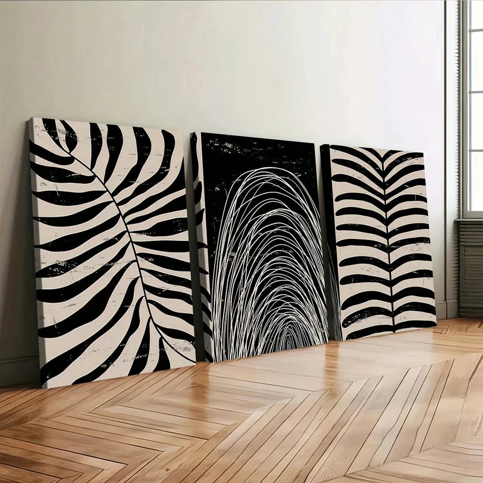 3pcs Abstract Plant Black Leaves White Bohemian Wall Art Set Canvas Framed 40x60cm - High Quality Print 100% Australian Made Wall Canvas Ready to Hang