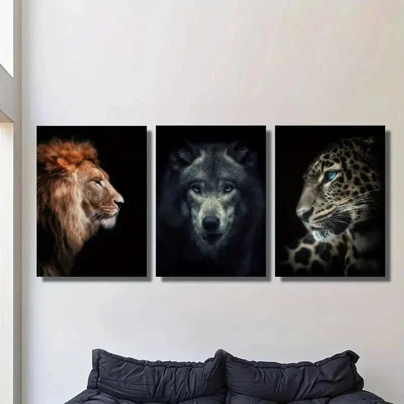 3pcs Lions Wolves and Leopards Painting Wall Art Set Canvas Framed 40x60cm - High Quality Print 100% Australian Made Wall Canvas Ready to Hang