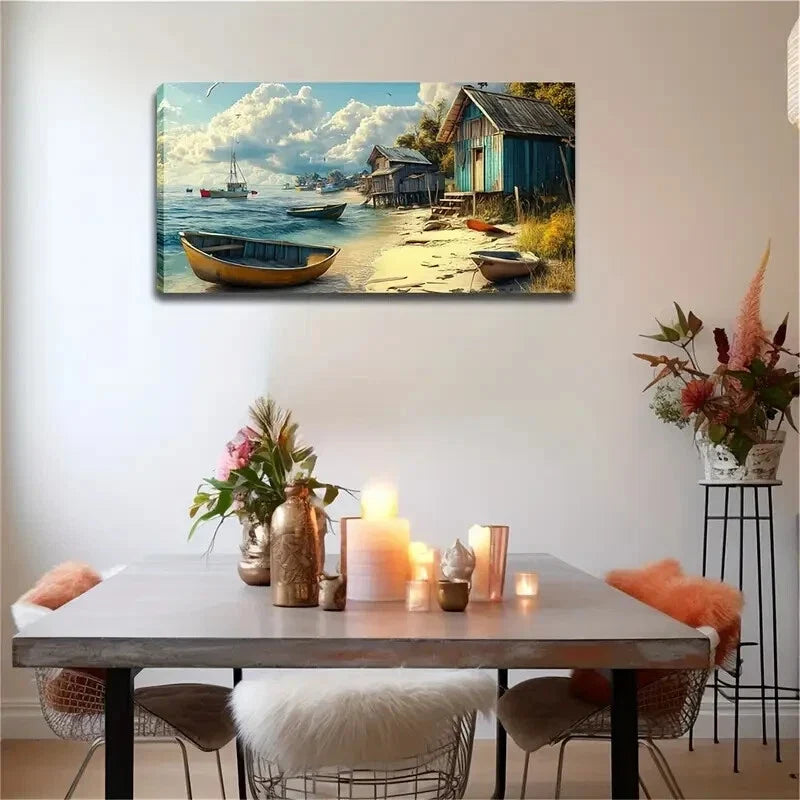 Serene Beach Scene with Wooden Wall Art Canvas Office Home Room Framed 120x60cm