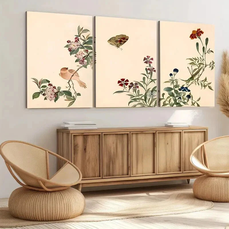 3pcs Vintage Flowers Birds Florals Green Leaves Wall Art Set Canvas Framed 40x60cm - High Quality Print 100% Australian Made Wall Canvas Ready to Hang