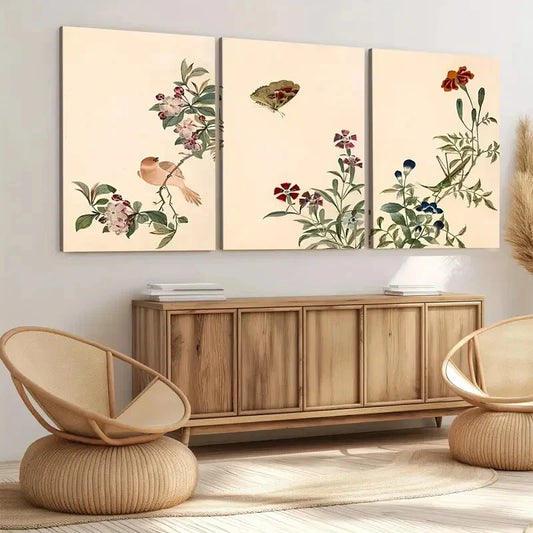 3pcs Vintage Flowers Birds Florals Green Leaves Wall Art Set Canvas Framed 40x60cm - High Quality Print 100% Australian Made Wall Canvas Ready to Hang