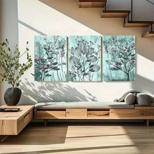 3pcs Elegant Light Blue & Green Leaf Design Metal Print Ready to Hang Art