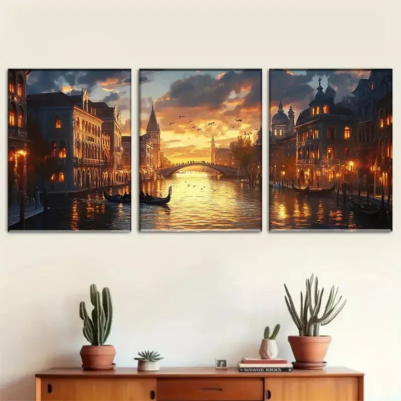 3pcs Venice Canals at Sunset Triptych Wall Art Set Canvas Framed 40x60cm - High Quality Print 100% Australian Made Wall Canvas Ready to Hang