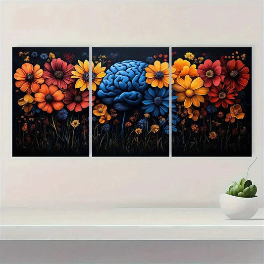 3pcs Floral Brain Painting Colourful Metal Print Ready to Hang Art
