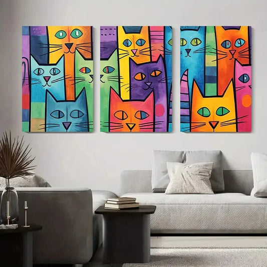 3pcs Colorful Cat Modern Abstract Metal Print Ready to Hang Art