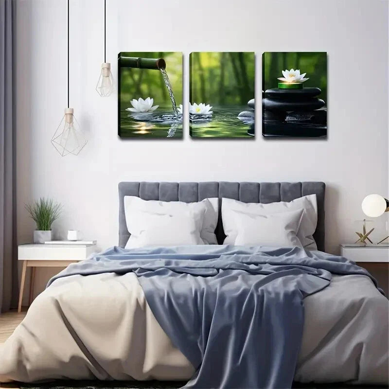 3pcs Serene Bamboo Forest with for Lotus Flowers Wall Art Set Canvas Framed 40x60cm - High Quality Print 100% Australian Made Wall Canvas Ready to Hang