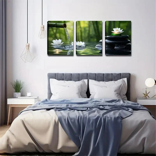 3pcs Serene Bamboo Forest with for Lotus Flowers Wall Art Set Canvas Framed 40x60cm - High Quality Print 100% Australian Made Wall Canvas Ready to Hang