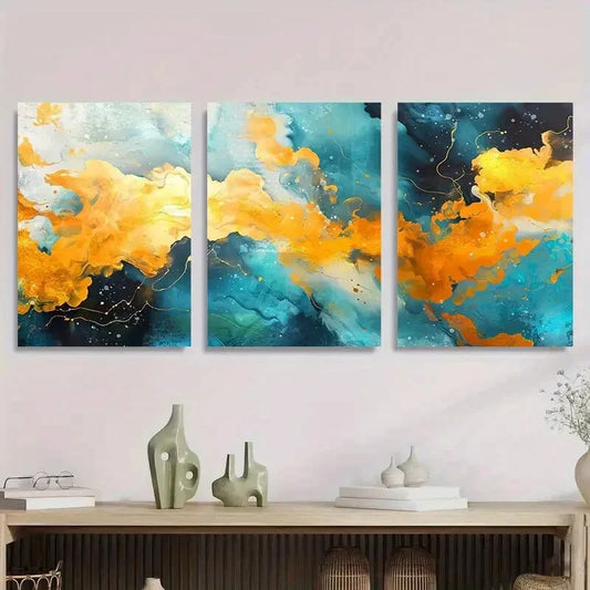 3pcs Blue, Orange & Teal Watercolor Vibrant Metal Print Ready to Hang Art