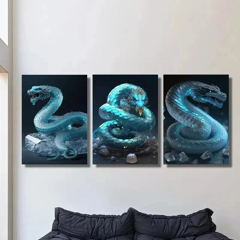 3pcs Blue Snake Decor with Crystal Accents Wall Art Set Canvas Framed 40x60cm - High Quality Print 100% Australian Made Wall Canvas Ready to Hang