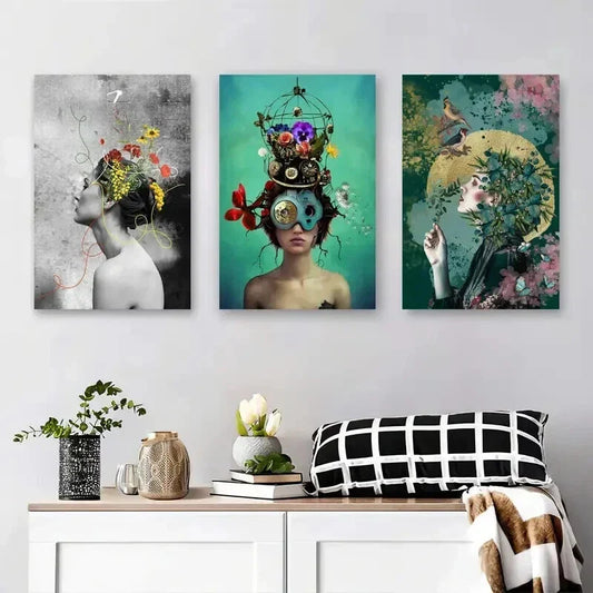 3pcs Surreal Woman with Floral and Nature Hat Metal Print Ready to Hang Art