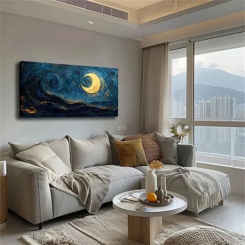 Starry Night Sky Swirl Design Wall Art Canvas Office Home Room Framed 120x60cm