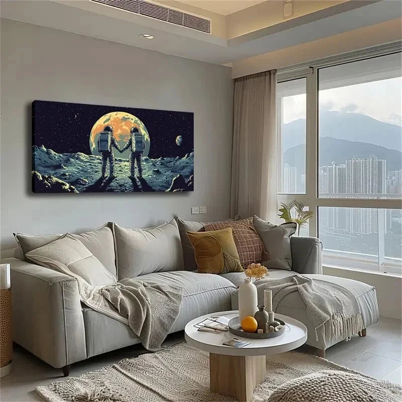Two Astronauts Holding Hands Wall Art Canvas Office Home Room Framed 120x60cm