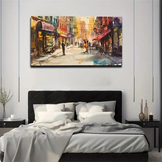 Street Scene Watercolor Wall Art Canvas Office Home Room Framed 120x60cm