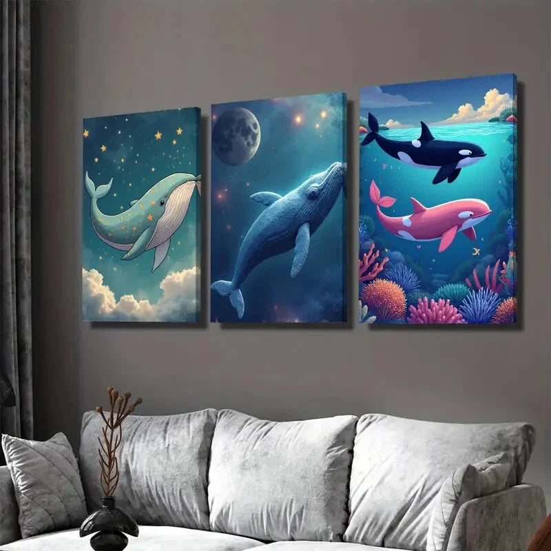 3pcs Whales and Dolphins Under The Moonlit Sky Wall Art Set Canvas Framed 40x60cm - High Quality Print 100% Australian Made Wall Canvas Ready to Hang