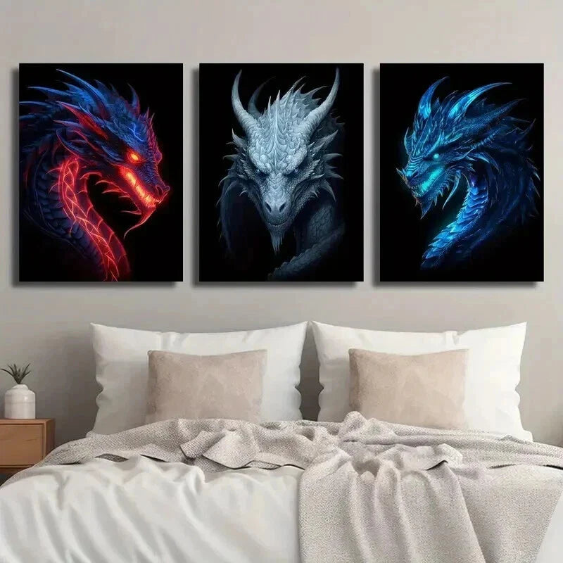 3pcs Ancient Flame Dragon with Shining Teeth Wall Art Set Canvas Framed 40x60cm - High Quality Print 100% Australian Made Wall Canvas Ready to Hang