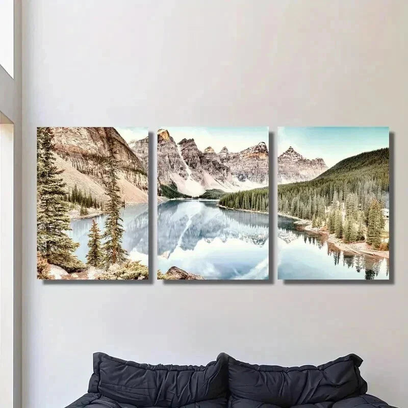 3pcs Serene Lake Mountain & Evergreen Trees Wall Art Set Canvas Framed 40x60cm - High Quality Print 100% Australian Made Wall Canvas Ready to Hang