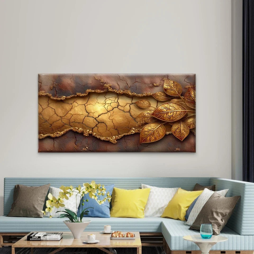 Abstract Cracked Gold Surface Wall Art Canvas Office Home Room Framed 120x60cm