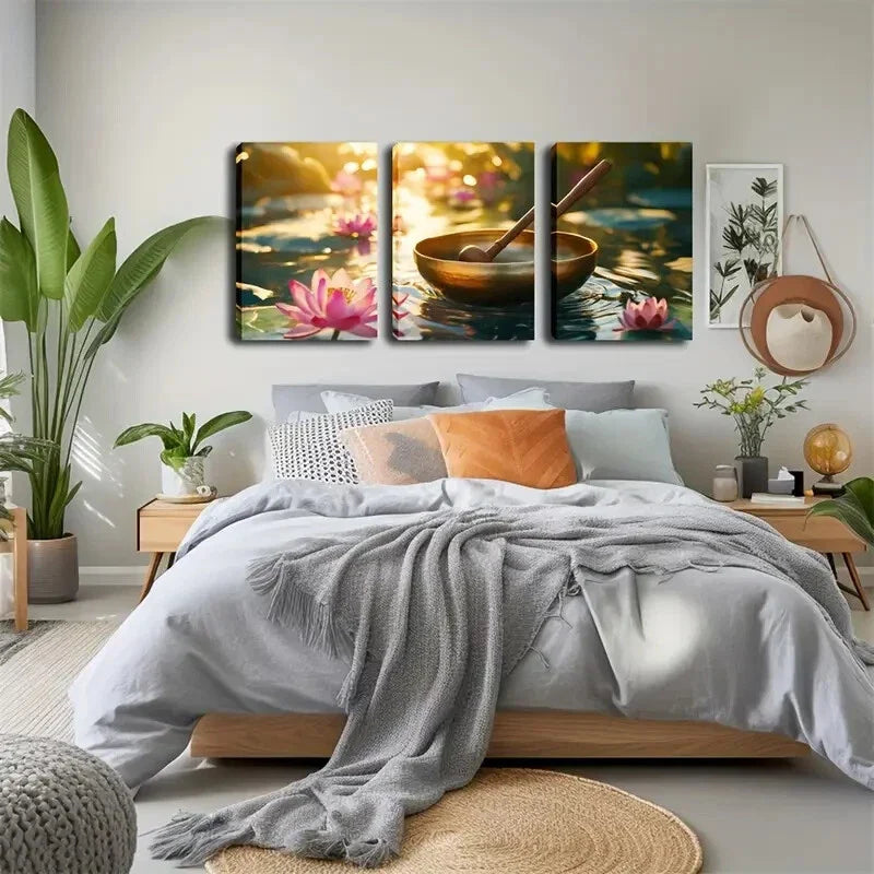 3pcs Golden Bowl and Wooden Spoon on Water  Wall Art Set Canvas Framed 40x60cm - High Quality Print 100% Australian Made Wall Canvas Ready to Hang