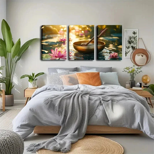 3pcs Golden Bowl and Wooden Spoon on Water  Wall Art Set Canvas Framed 40x60cm - High Quality Print 100% Australian Made Wall Canvas Ready to Hang
