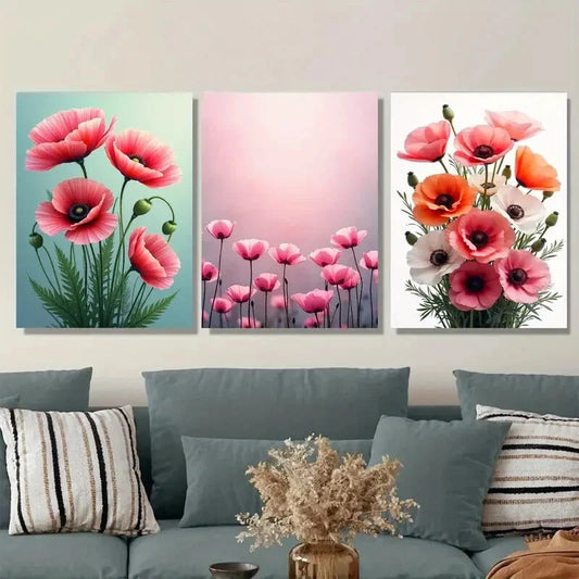 3pcs Beautiful Pink Poppy Flower Metal Print Ready to Hang Art