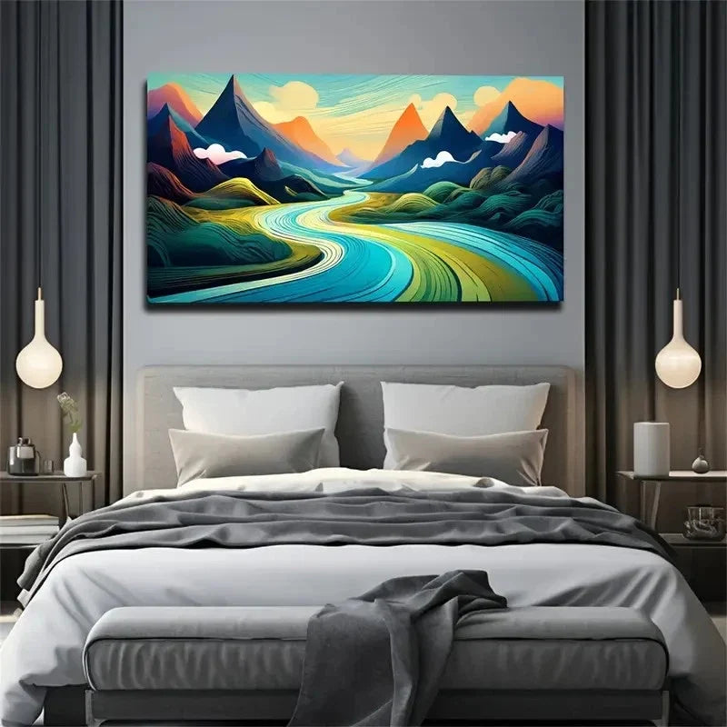 Abstract Mountain River Sunset Wall Art Canvas Office Home Room Framed 120x60cm