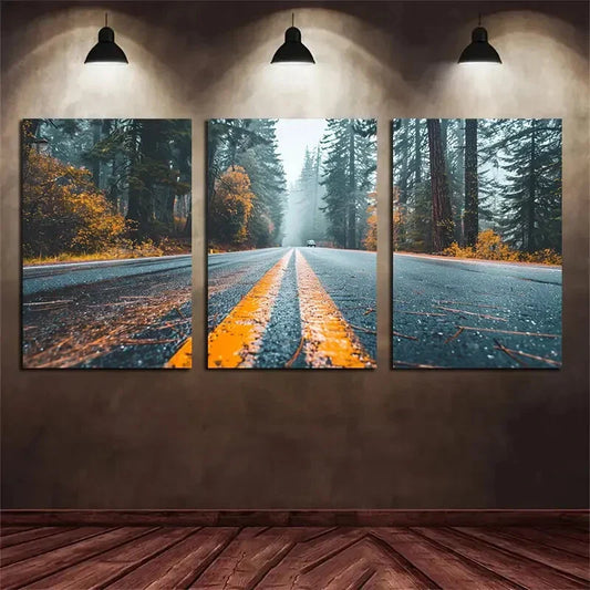 3pcs An Empty Road In The Forest Metal Print Ready to Hang Art