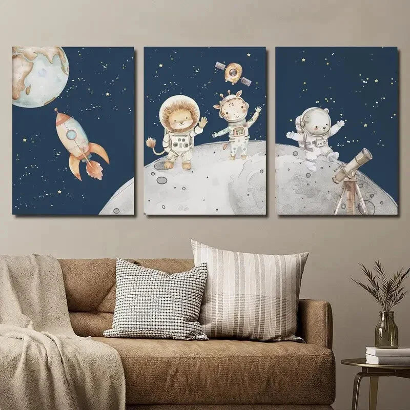 3pcs Lion Giraffe & Bear Cub on Moon Wall Art Set Canvas Framed 40x60cm - High Quality Print 100% Australian Made Wall Canvas Ready to Hang