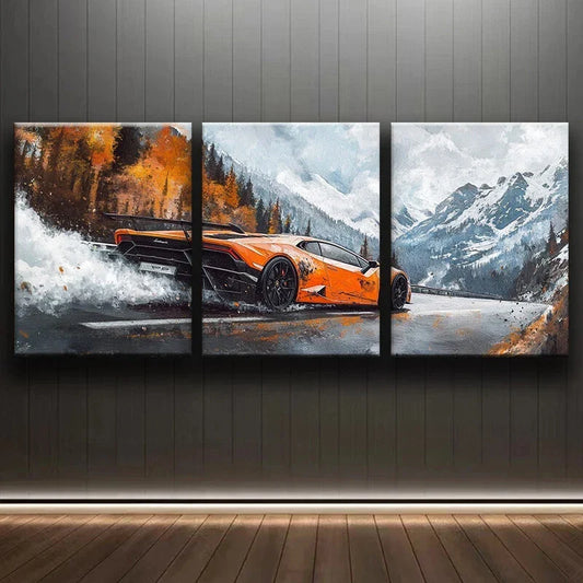 3pcs Luxurious Orange Black Hypercar Metal Print Ready to Hang Art