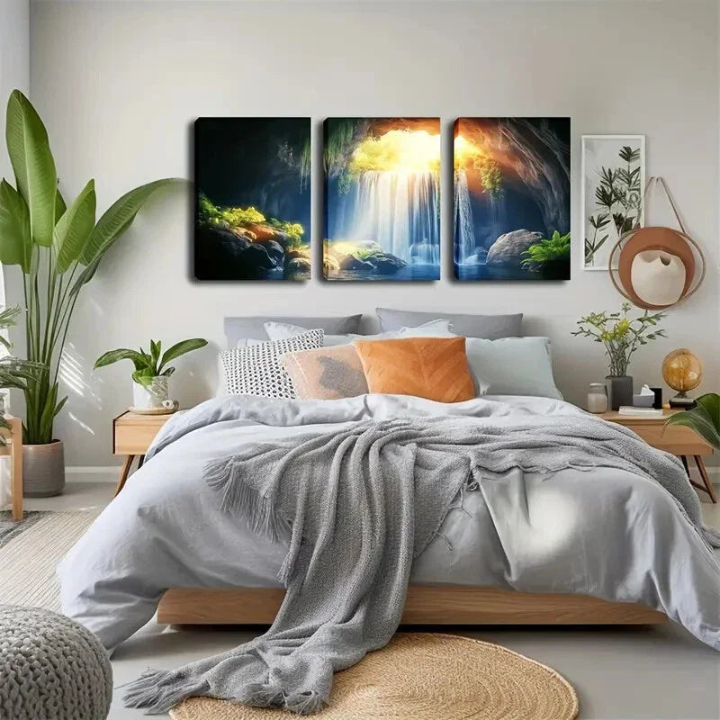 3pcs Waterfall & Cave Landscape Wall Art Set Canvas Framed 40x60cm - High Quality Print 100% Australian Made Wall Canvas Ready to Hang