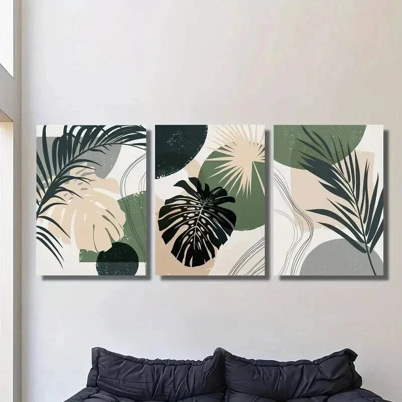 3pcs Boho Green Beige Gray Plant Wall Art Set Canvas Framed 40x60cm - High Quality Print 100% Australian Made Wall Canvas Ready to Hang