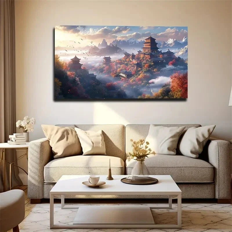 Chinese Ancient Building Spread Wall Art Canvas Office Home Room Framed 120x60cm