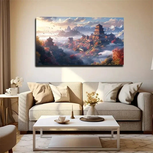 Chinese Ancient Building Spread Wall Art Canvas Office Home Room Framed 120x60cm