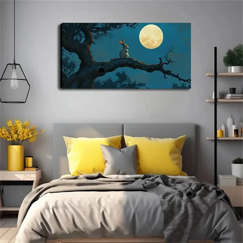 Rabbit Sitting Branch Moon Wall Art Canvas Office Home Room Framed 120x60cm