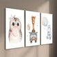 3pcs Cute Owl Car Giraffe and Balloon Hippo Wall Art Set Canvas Framed 40x60cm - High Quality Print 100% Australian Made Wall Canvas Ready to Hang