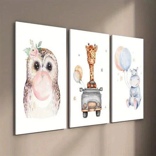 3pcs Cute Owl Car Giraffe and Balloon Hippo Wall Art Set Canvas Framed 40x60cm - High Quality Print 100% Australian Made Wall Canvas Ready to Hang