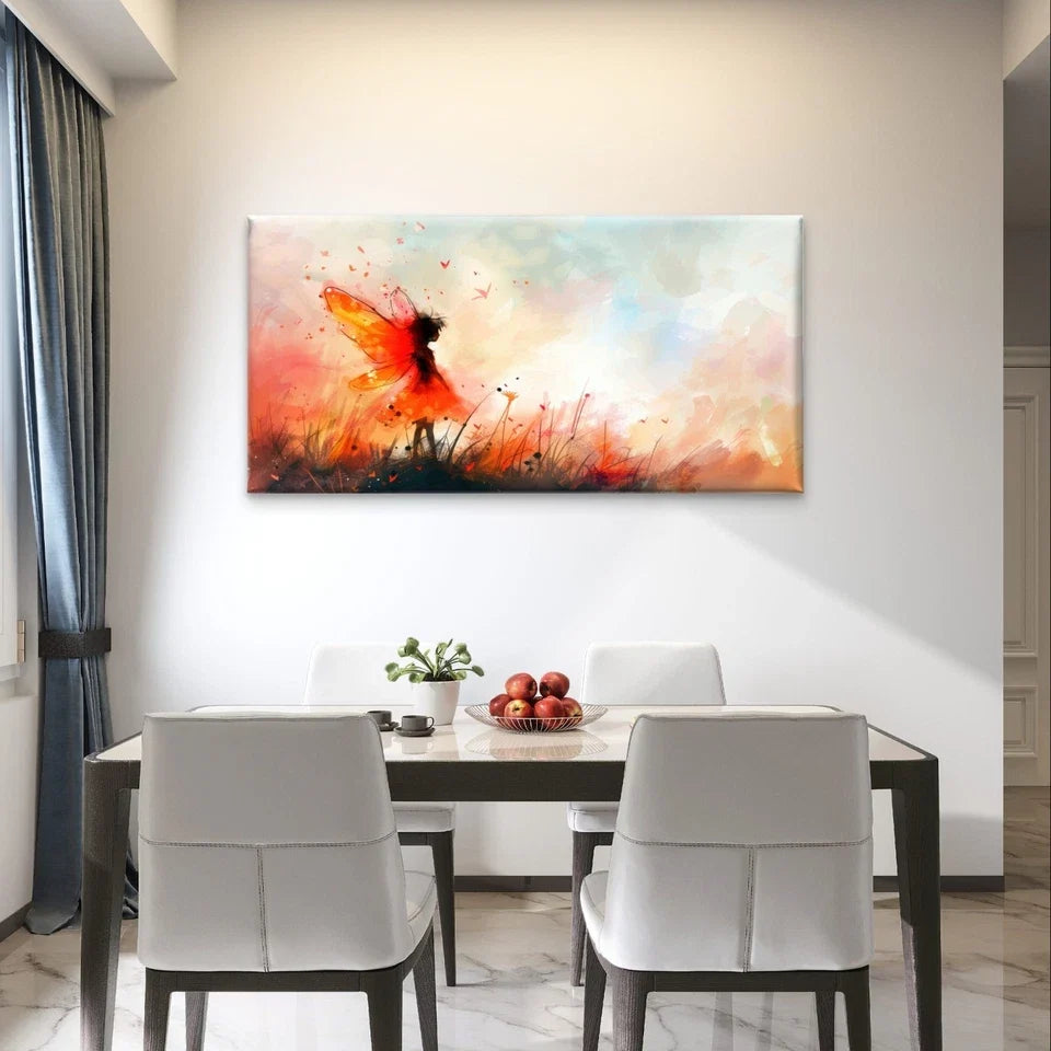 Whimsical Fairy in a Sunset Meadow Wall Art Canvas Office Home Framed 120x60cm
