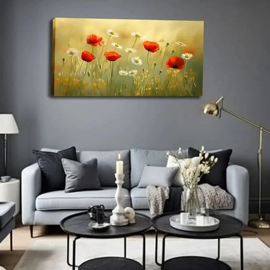 Rustic Wildflower Décor Red Wall Art Canvas Office Home Room Framed 120x60cm