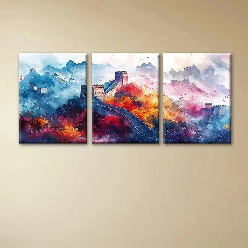 3pcs Ancient Great Wall of China Watercolor Wall Art Set Canvas Framed 40x60cm - High Quality Print 100% Australian Made Wall Canvas Ready to Hang