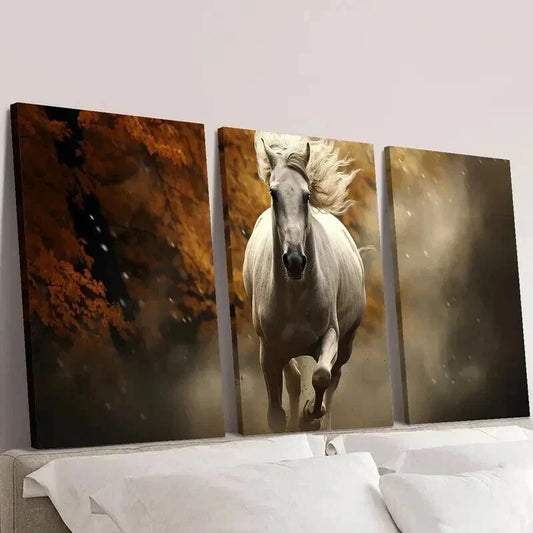 3pcs White Horse Galloping in Autumn Forest Wall Art Set Canvas Framed 40x60cm - High Quality Print 100% Australian Made Wall Canvas Ready to Hang