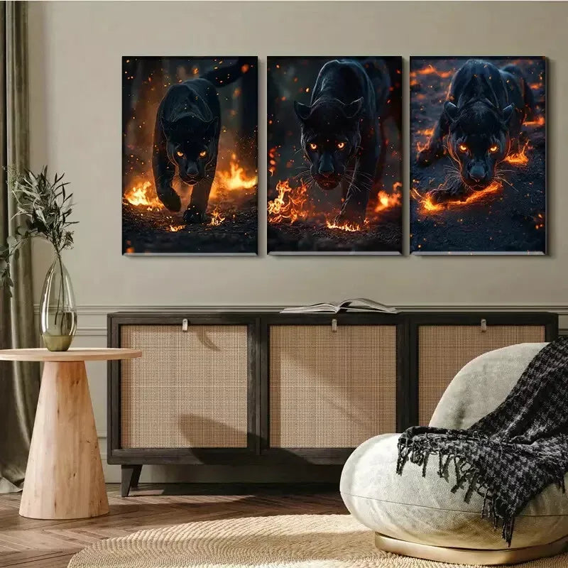 3pcs Flame surrounded Black Panther Triptych Wall Art Set Canvas Framed 40x60cm - High Quality Print 100% Australian Made Wall Canvas Ready to Hang